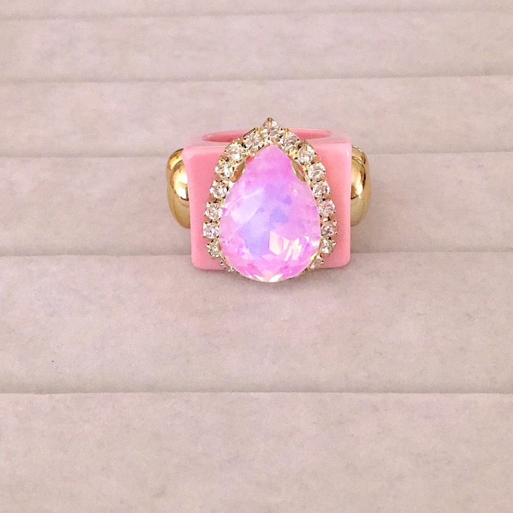 Pastel Pink +Lavender Opal Aurora Borealis Gold Crystal Halo Pear Statement Ring
